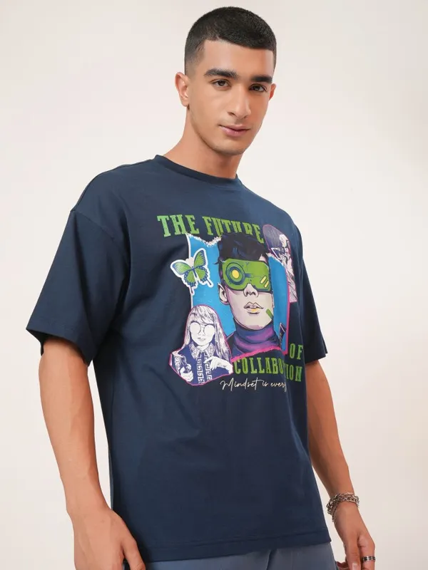 Highlander Men Navy Blue Printed Oversized Fit Round Neck T-Shirt