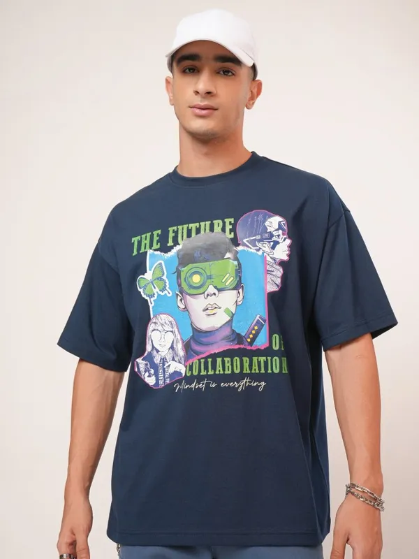 Highlander Men Navy Blue Printed Oversized Fit Round Neck T-Shirt