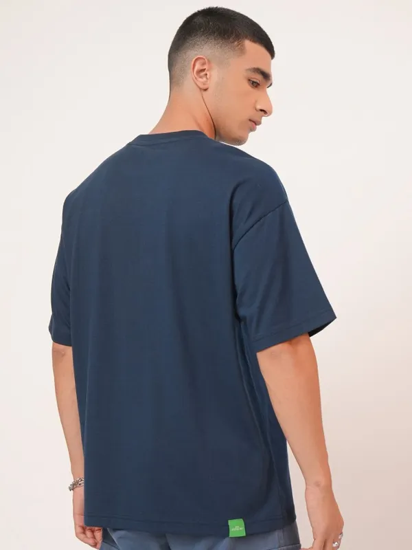 Highlander Men Navy Blue Printed Oversized Fit Round Neck T-Shirt
