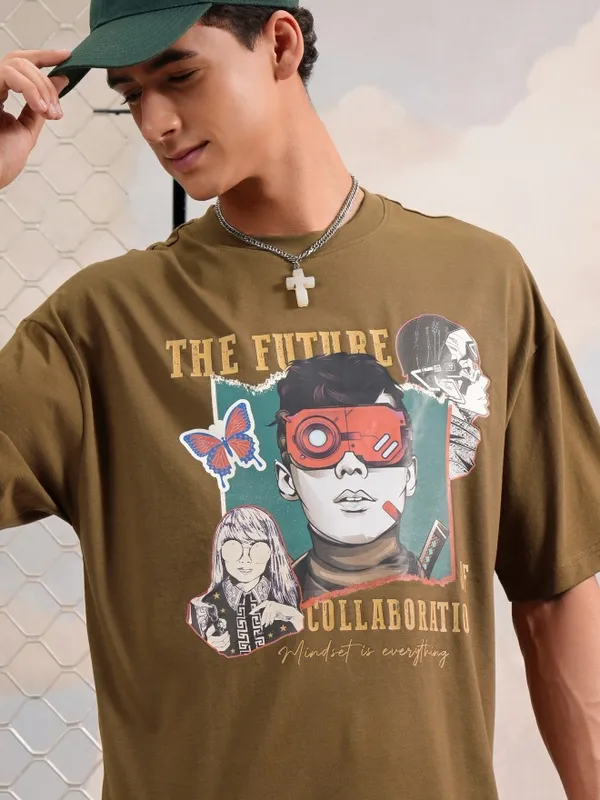 Highlander Men Olive Printed Round Neck Oversized Fit T-Shirt