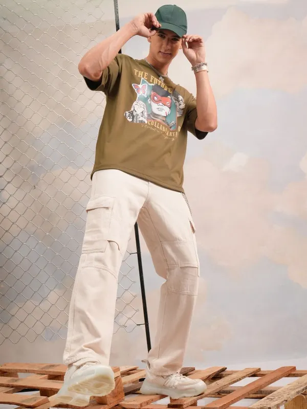 Highlander Men Olive Printed Round Neck Oversized Fit T-Shirt