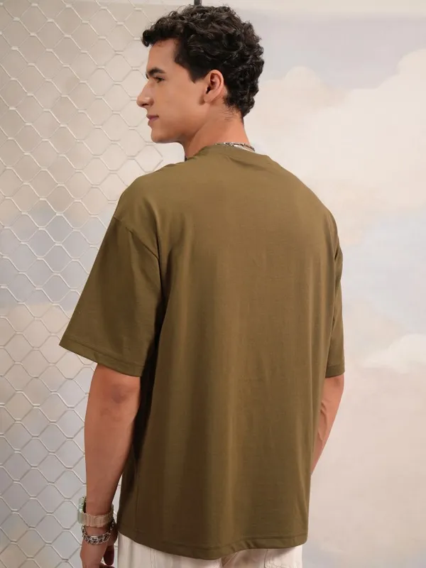 Highlander Men Olive Printed Round Neck Oversized Fit T-Shirt