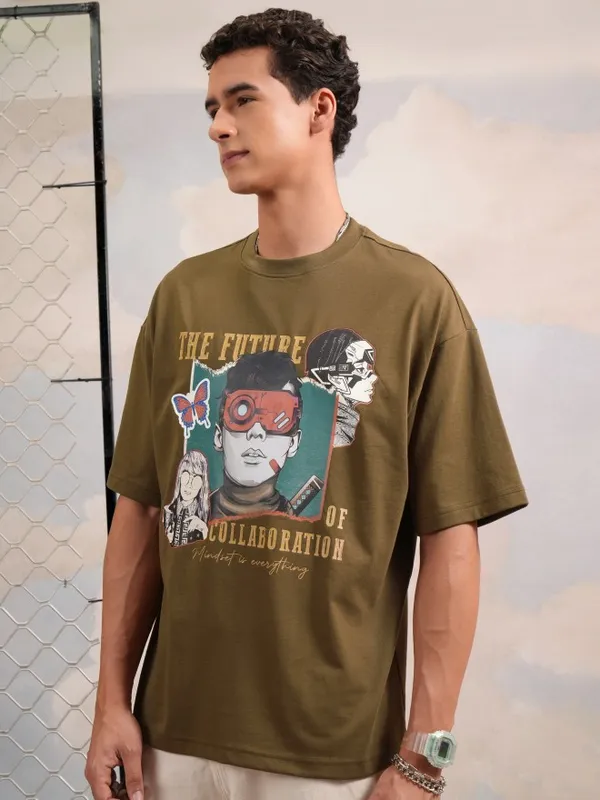 Highlander Men Olive Printed Round Neck Oversized Fit T-Shirt