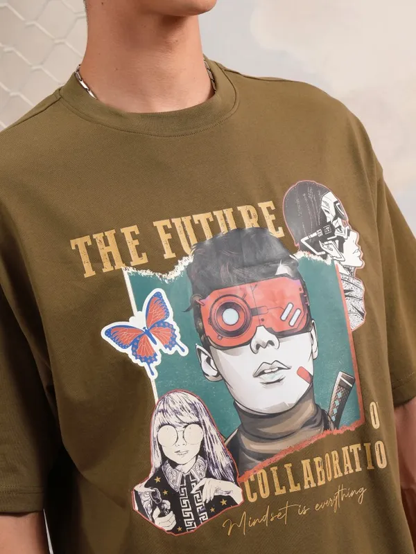 Highlander Men Olive Printed Round Neck Oversized Fit T-Shirt