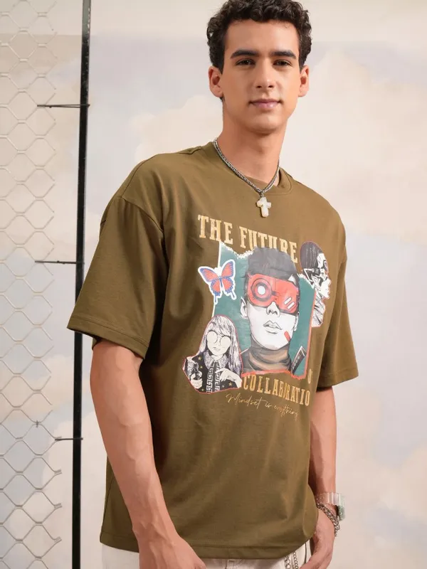 Highlander Men Olive Printed Round Neck Oversized Fit T-Shirt