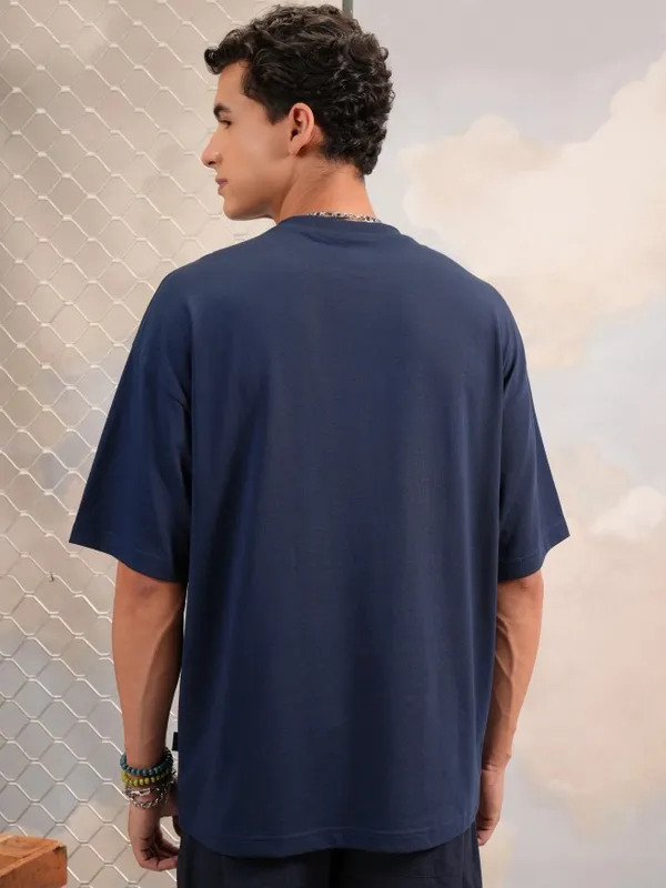 Highlander Men Navy Blue Printed Round Neck Oversized Fit T-Shirt