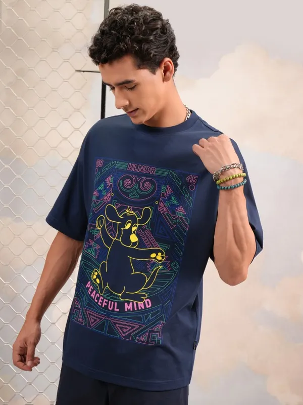 Highlander Men Navy Blue Printed Round Neck Oversized Fit T-Shirt