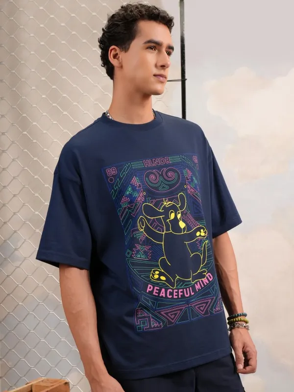 Highlander Men Navy Blue Printed Round Neck Oversized Fit T-Shirt