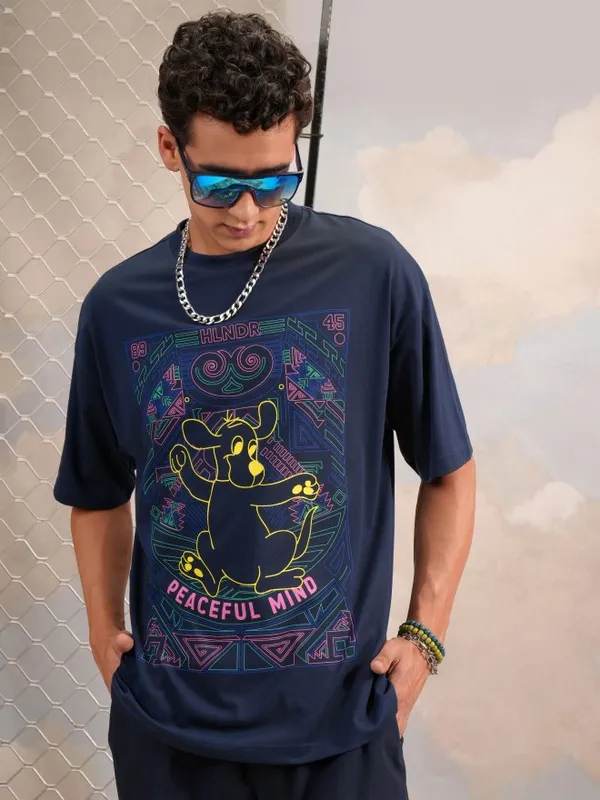 Highlander Men Navy Blue Printed Round Neck Oversized Fit T-Shirt