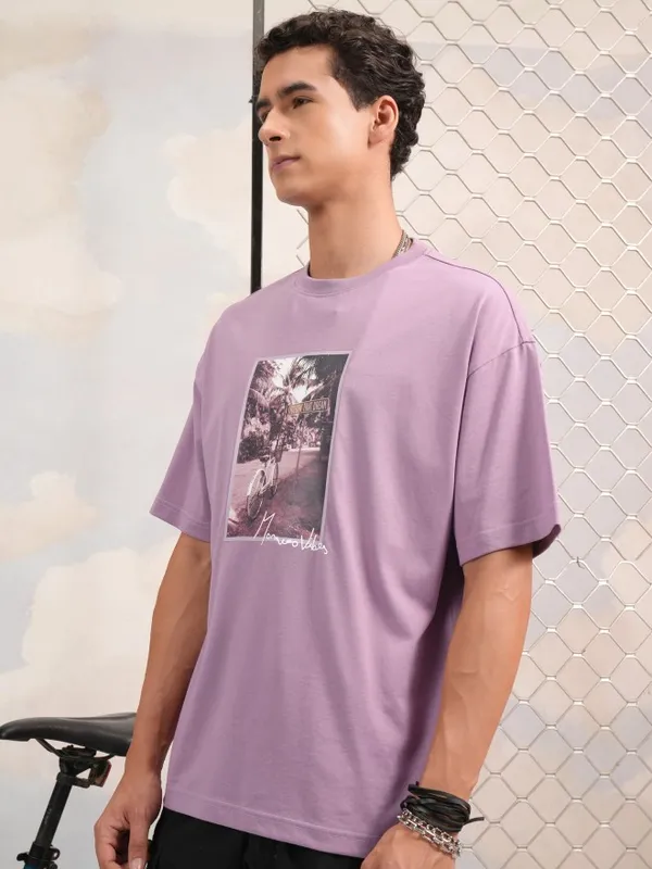 Highlander Men Mauve Printed Round Neck Oversized Fit T-Shirt