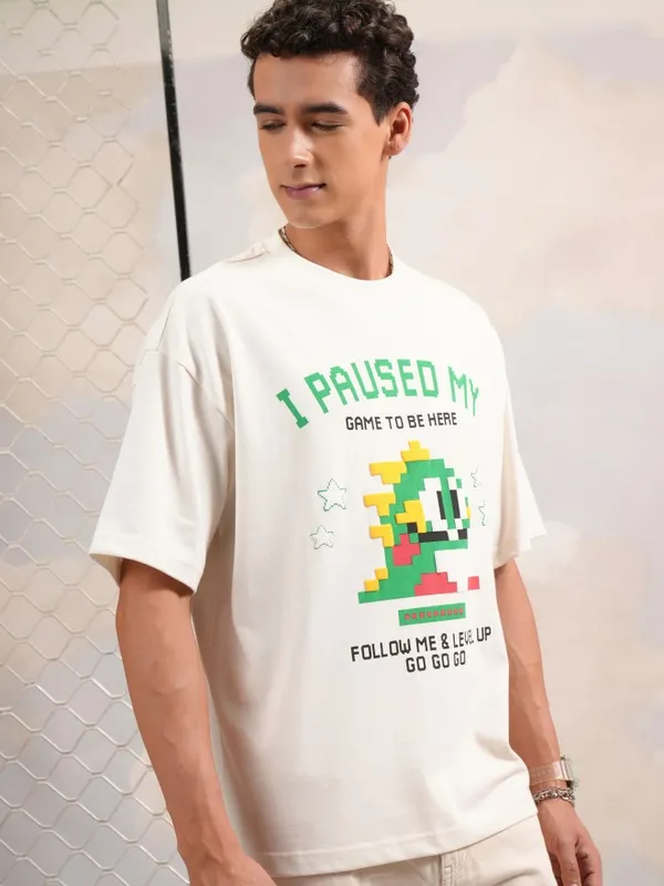 Highlander Men Off White Printed Round Neck Oversized Fit T-Shirt