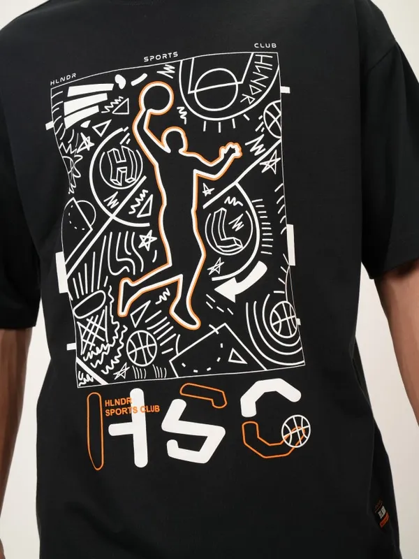 Highlander Men Black Printed Oversized Fit Round Neck T-Shirt
