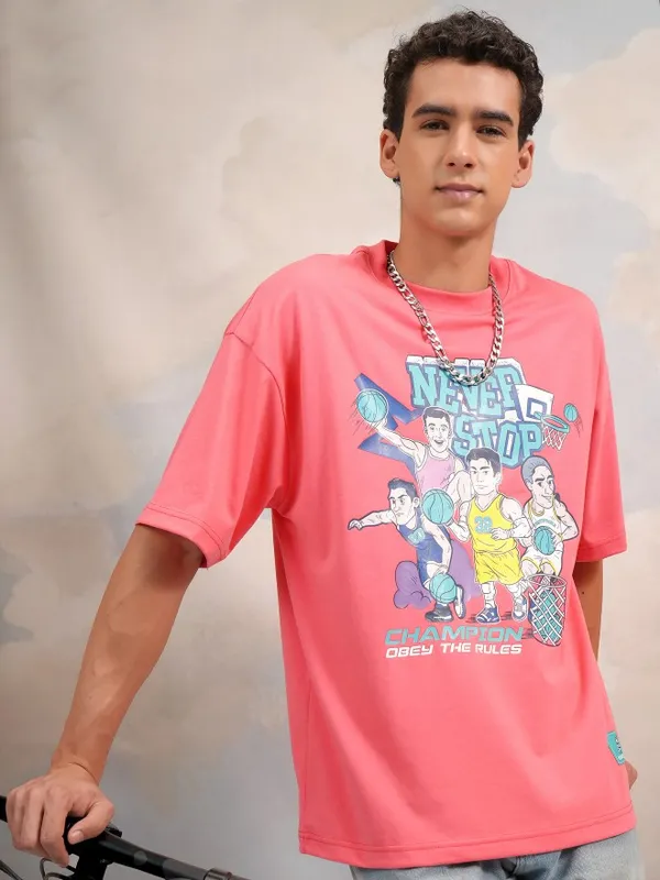 Highlander Men Rose Printed Round Neck Oversized Fit T-Shirt