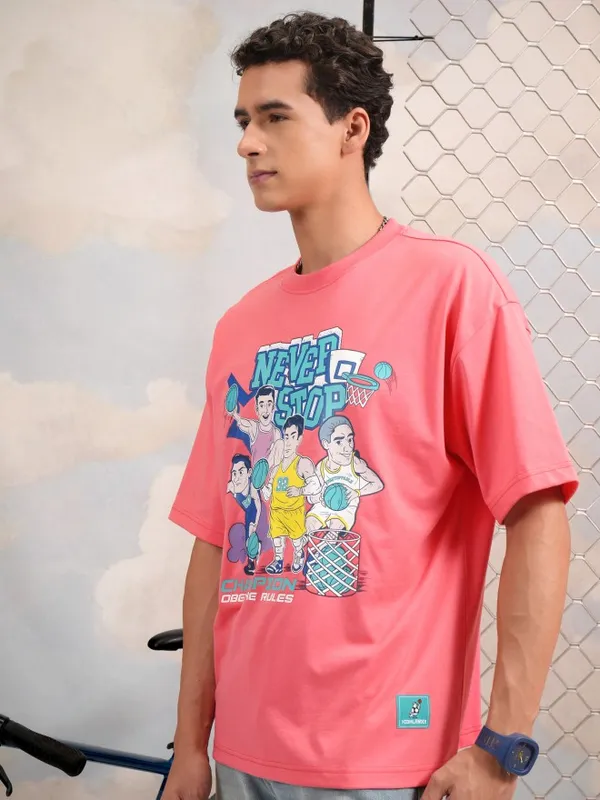 Highlander Men Rose Printed Round Neck Oversized Fit T-Shirt
