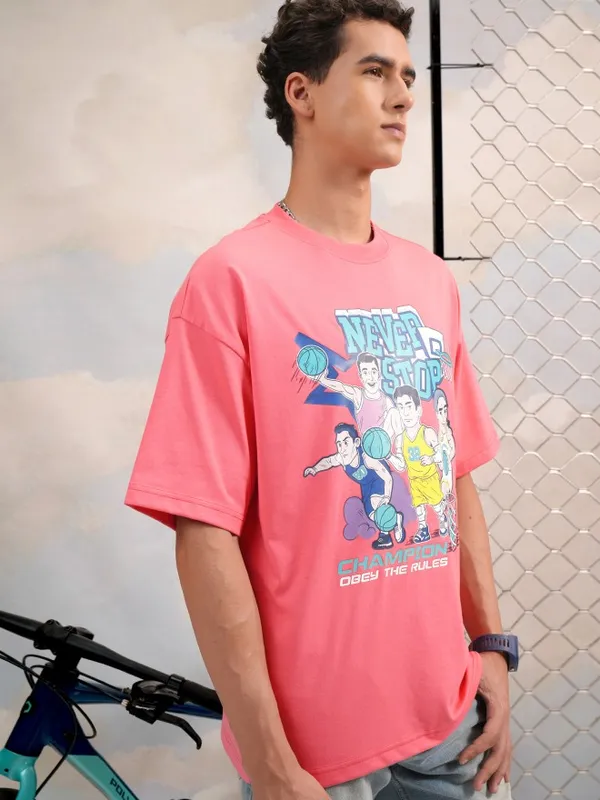 Highlander Men Rose Printed Round Neck Oversized Fit T-Shirt