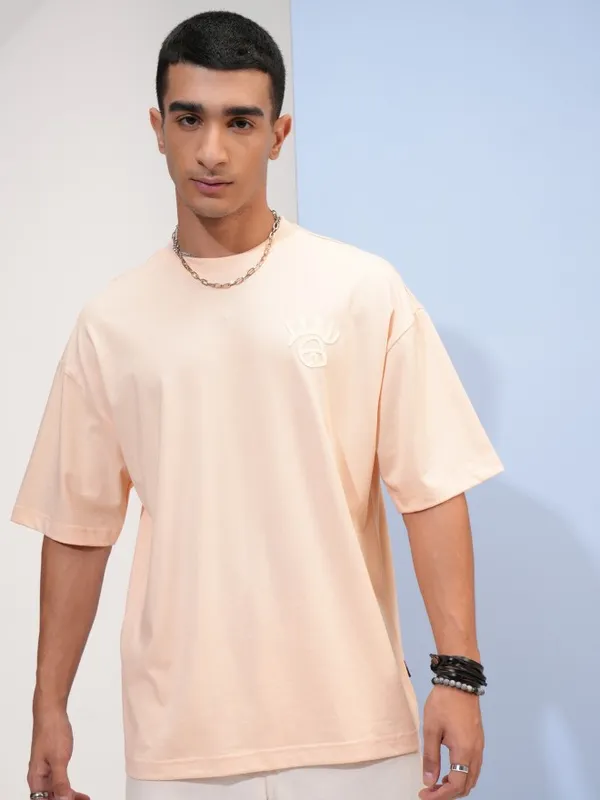 Highlander Men Peach Printed Oversized Fit Round Neck T-Shirt