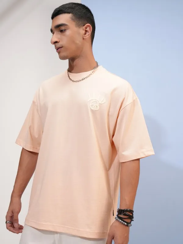 Highlander Men Peach Printed Oversized Fit Round Neck T-Shirt