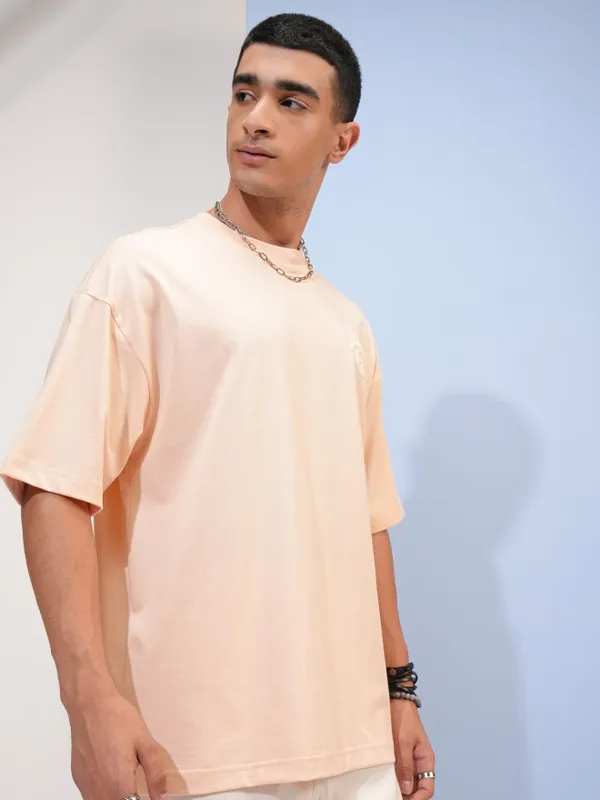 Highlander Men Peach Printed Oversized Fit Round Neck T-Shirt