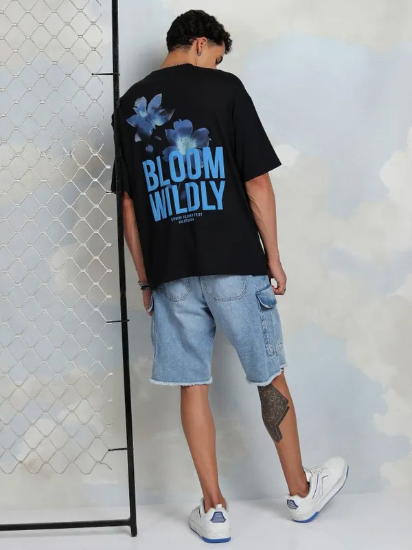 Highlander Men Black Printed Round Neck Oversized Fit T-Shirt