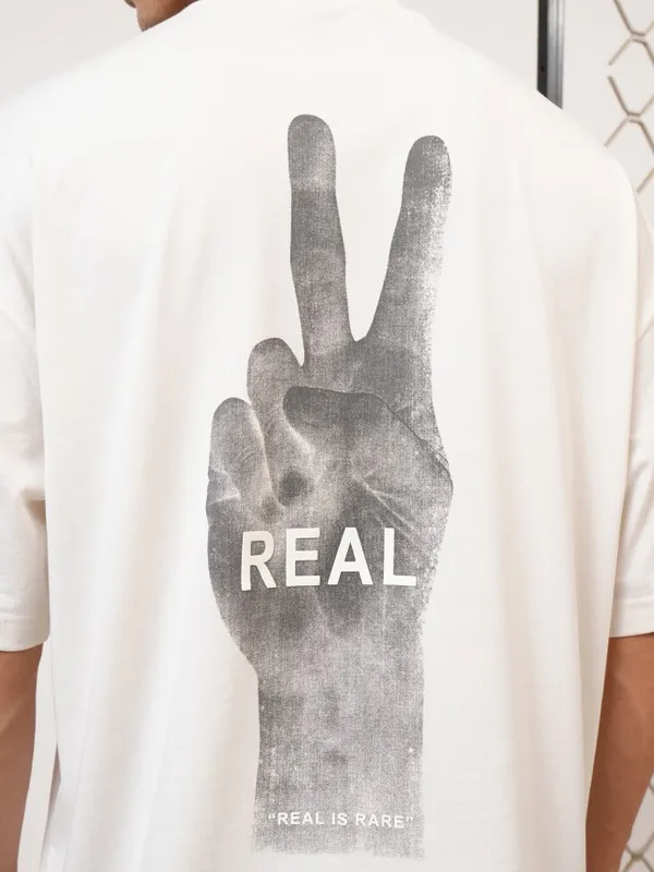 Highlander Men Off White Printed Round Neck Oversized Fit T-Shirt