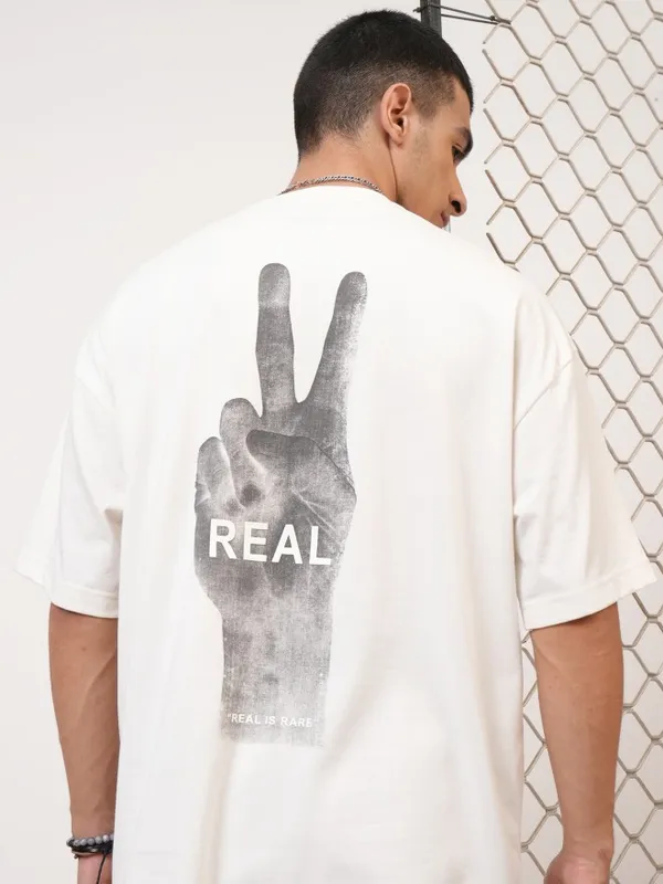 Highlander Men Off White Printed Round Neck Oversized Fit T-Shirt