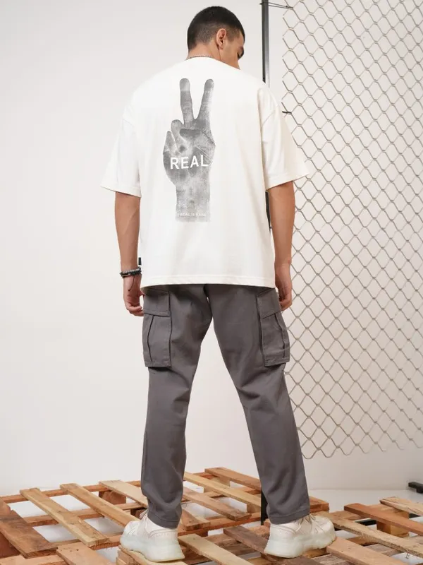 Highlander Men Off White Printed Round Neck Oversized Fit T-Shirt