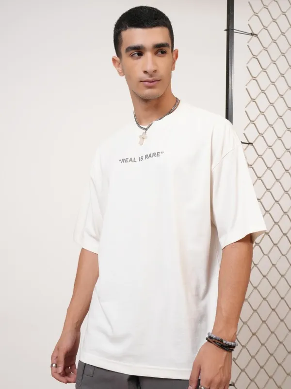 Highlander Men Off White Printed Round Neck Oversized Fit T-Shirt