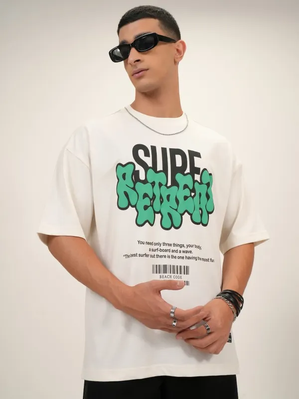 Highlander Men Off White Printed Oversized Fit Round Neck T-Shirt
