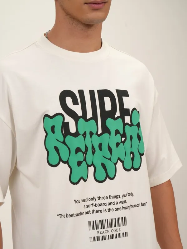 Highlander Men Off White Printed Oversized Fit Round Neck T-Shirt