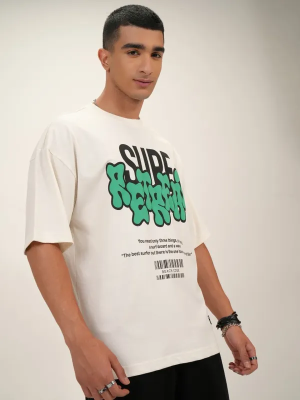 Highlander Men Off White Printed Oversized Fit Round Neck T-Shirt