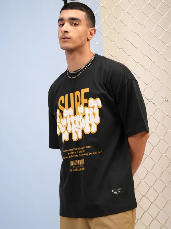 Highlander Men Black Printed Round Neck Oversized Fit T-Shirt