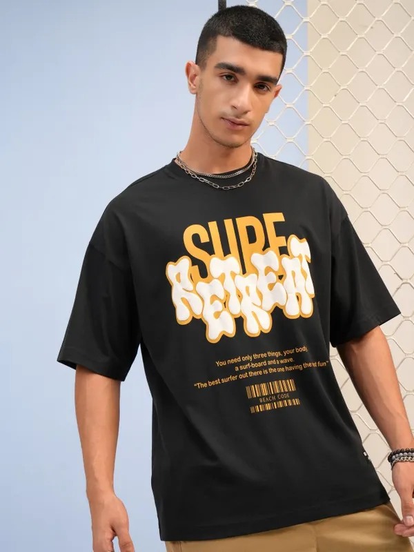 Highlander Men Black Printed Round Neck Oversized Fit T-Shirt