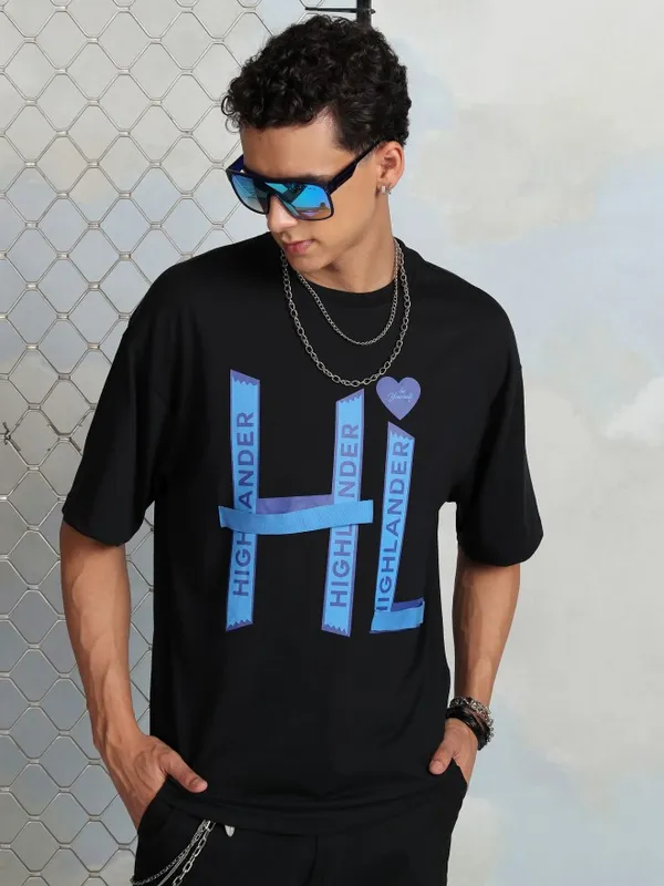 Highlander Men Black Printed Round Neck Oversized Fit T-Shirt