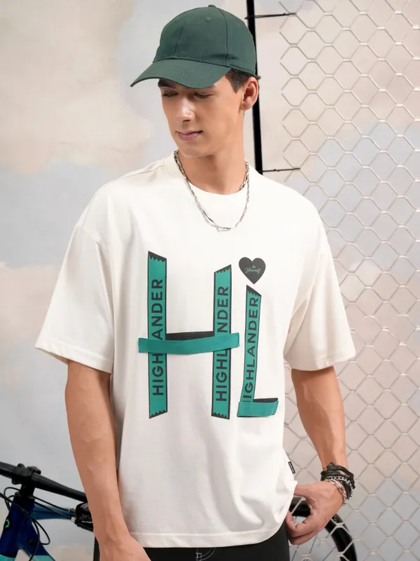 Highlander Men Off White Printed Round Neck Oversized Fit T-Shirt