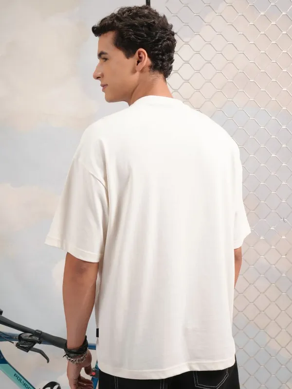 Highlander Men Off White Printed Round Neck Oversized Fit T-Shirt