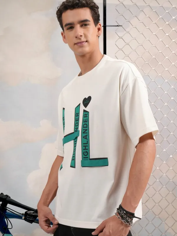 Highlander Men Off White Printed Round Neck Oversized Fit T-Shirt
