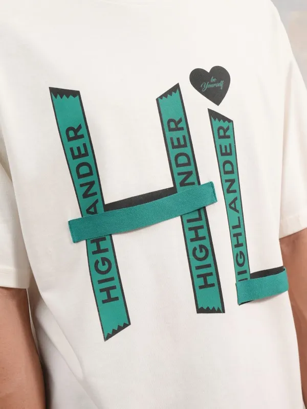 Highlander Men Off White Printed Round Neck Oversized Fit T-Shirt