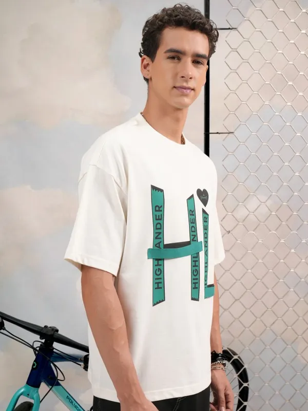 Highlander Men Off White Printed Round Neck Oversized Fit T-Shirt