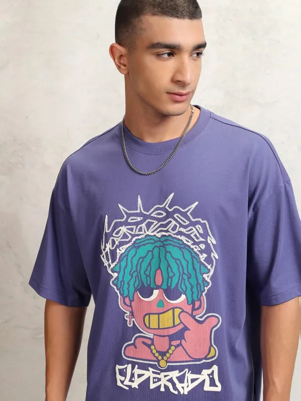 Highlander Men Purple Printed Round Neck Oversized Fit T-Shirt