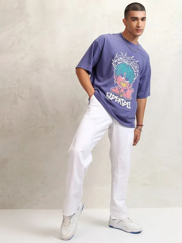 Highlander Men Purple Printed Round Neck Oversized Fit T-Shirt