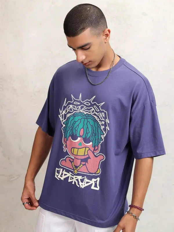 Highlander Men Purple Printed Round Neck Oversized Fit T-Shirt