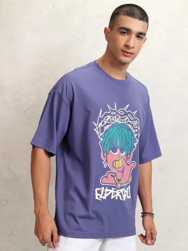 Highlander Men Purple Printed Round Neck Oversized Fit T-Shirt