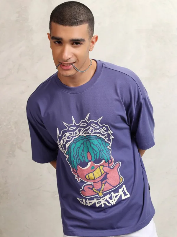 Highlander Men Purple Printed Round Neck Oversized Fit T-Shirt