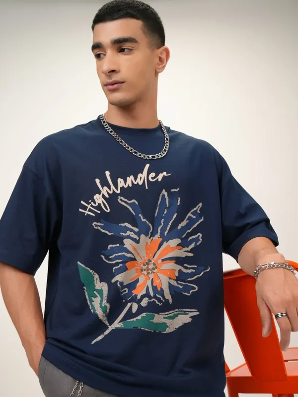 Highlander Men Navy Blue Printed Oversized Fit Round Neck T-Shirt