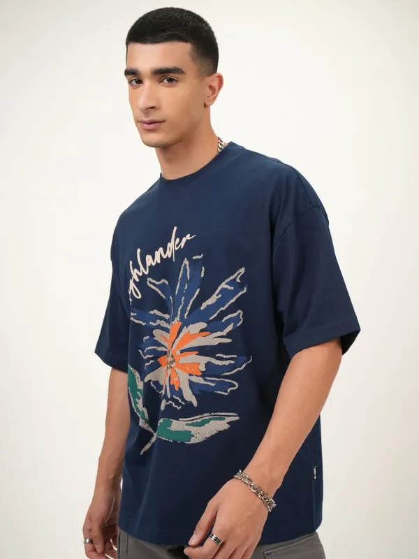 Highlander Men Navy Blue Printed Oversized Fit Round Neck T-Shirt