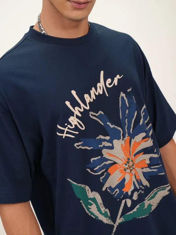 Highlander Men Navy Blue Printed Oversized Fit Round Neck T-Shirt