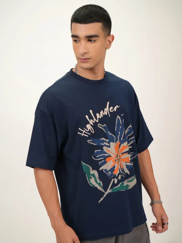 Highlander Men Navy Blue Printed Oversized Fit Round Neck T-Shirt