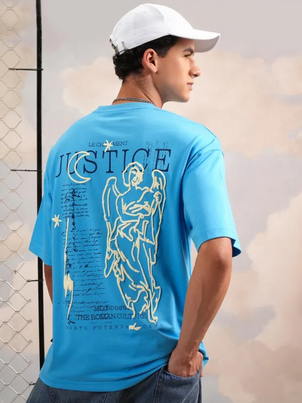 Highlander Men Turquoise Blue Printed Round Neck Oversized Fit T-Shirt