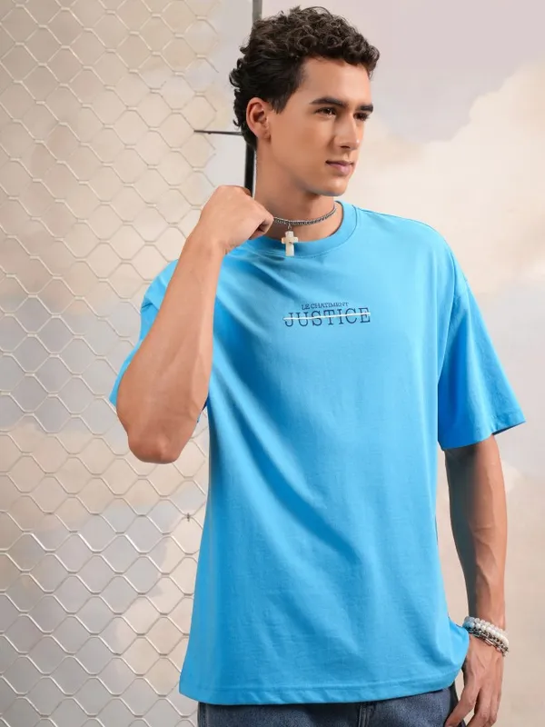Highlander Men Turquoise Blue Printed Round Neck Oversized Fit T-Shirt
