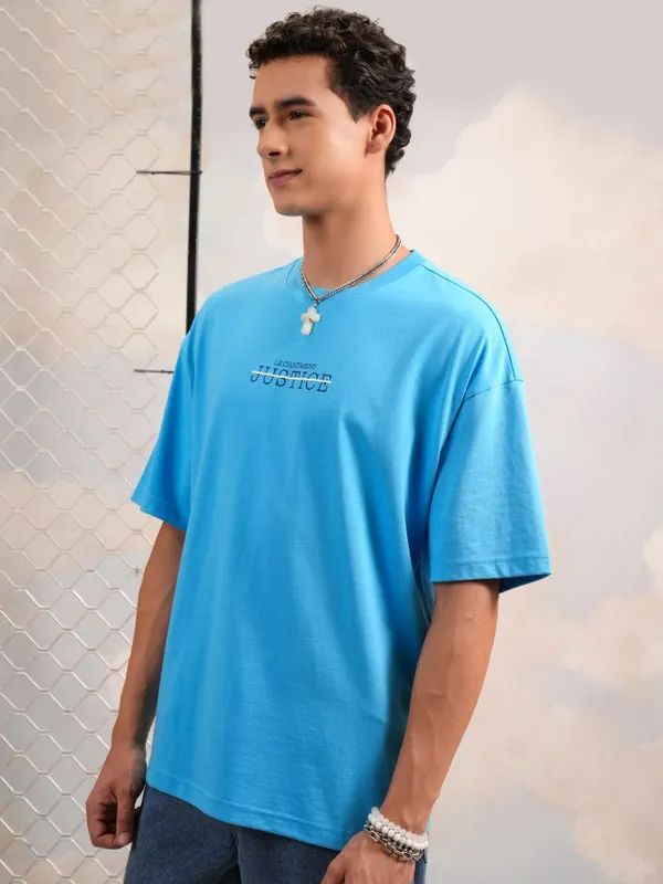 Highlander Men Turquoise Blue Printed Round Neck Oversized Fit T-Shirt